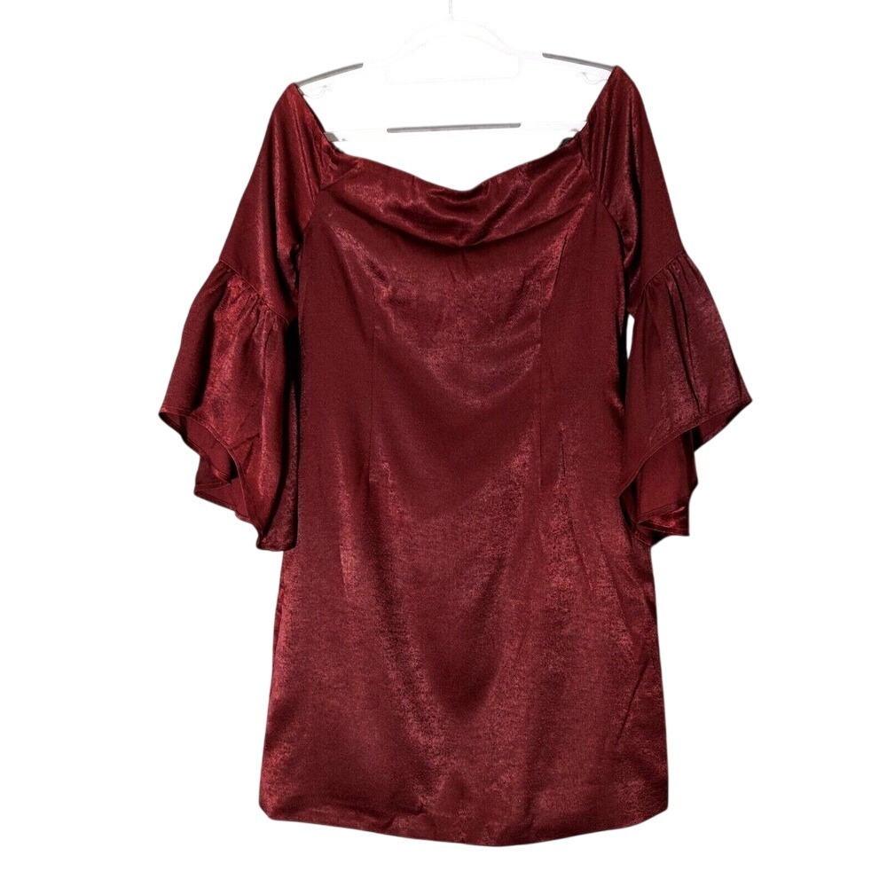 NWOT J.O.A Los Angels Dress‎ M Whimsigoth Witchy Off Shoulder Burgundy Satin